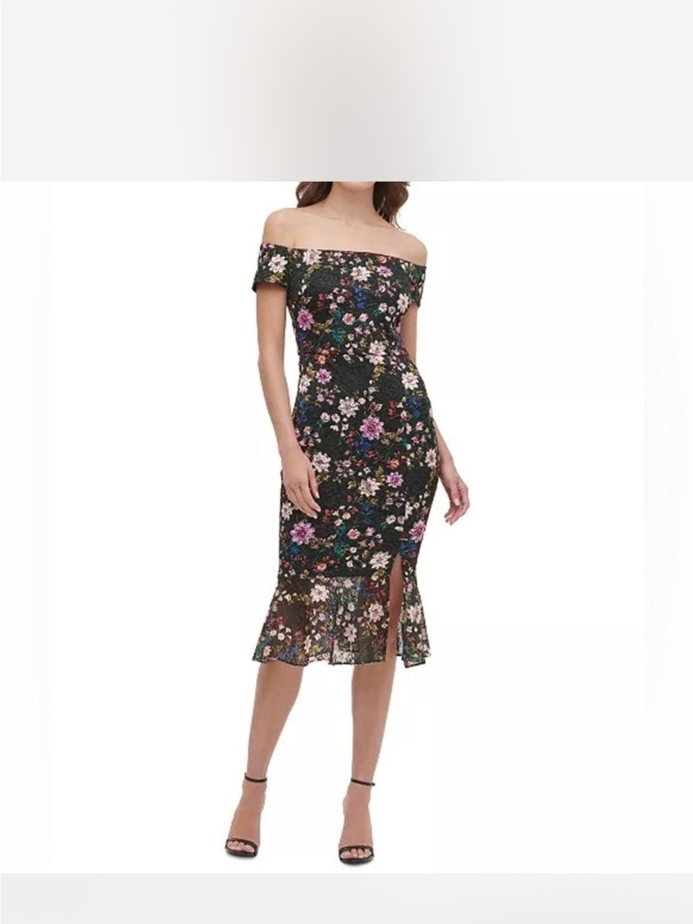 Guess NWOT Off-Shoulder Black Floral Midi Dress size 8